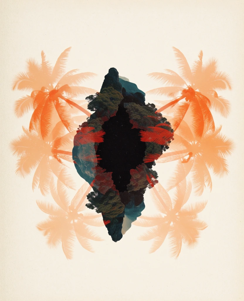 symmetrical island silhouette with rocky outcrops centered against a grainy cream background, deep teal and charcoal shadows, translucent glowing orange palm trees spreading from the center like delicate double exposure wings, minimalist ethereal composition, fine art photography aesthetic, distressed paper texture, high contrast silhouettes, muted earthy palette with vibrant coral accents, organic symmetrical shapes, sharp outlines with soft inner textures, dreamlike atmosphere.
