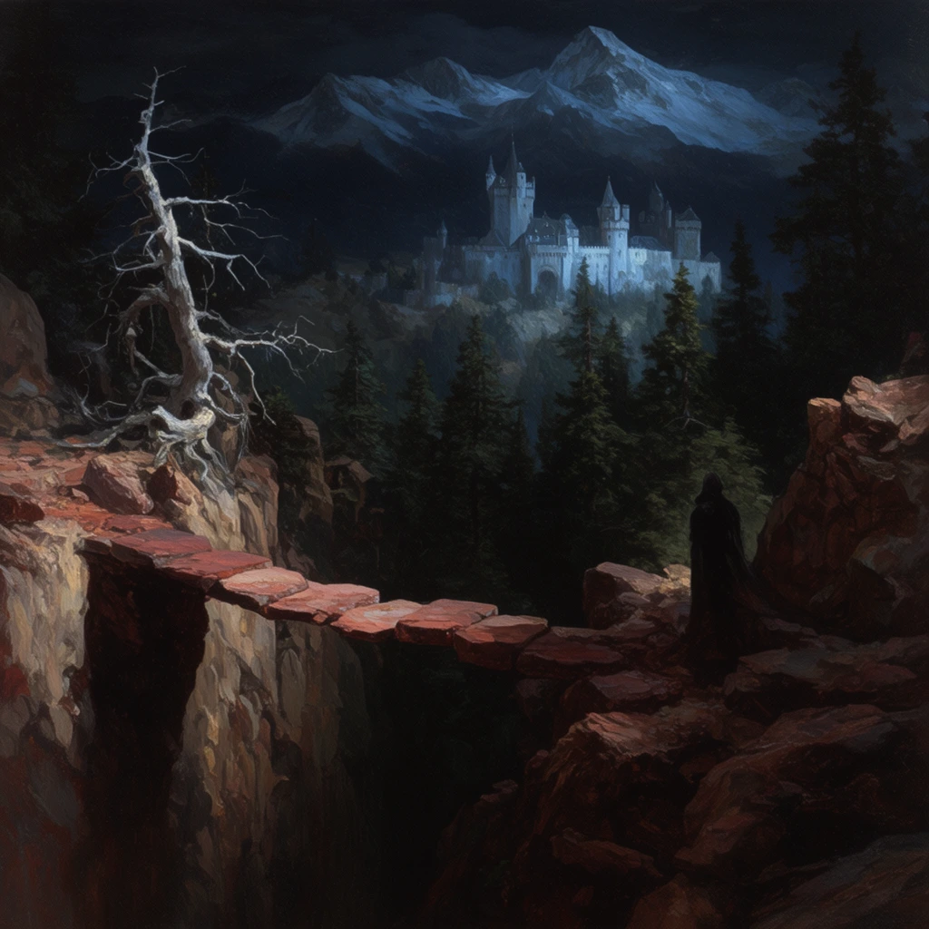 A gothic landscape painting of a deep rocky chasm crossed by a precarious bridge of reddish stone slabs. A pale, gnarled dead tree clings to the left cliff, while a shadowy figure stands on jagged rocks to the right. Beyond the dark ravine, dense evergreen pine trees fill the midground. In the distance, an imposing castle rests on a high ridge bathed in pale, silvery-blue moonlight. Towering snow-capped mountains loom behind the fortress under a heavy, darkened sky. The cinematic composition utilizes deep chiaroscuro, contrasting the cool, luminous distant architecture with the heavy shadows and warm earthy brown highlights of the rugged foreground terrain.