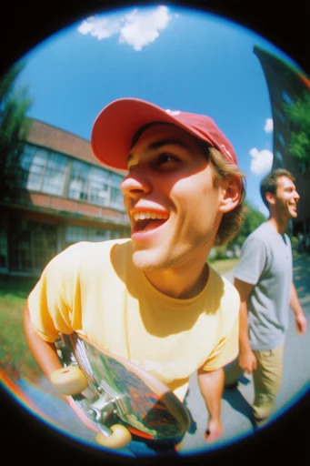 Sun-Drenched Fisheye Nostalgia style reference image — extreme fisheye lens distortion