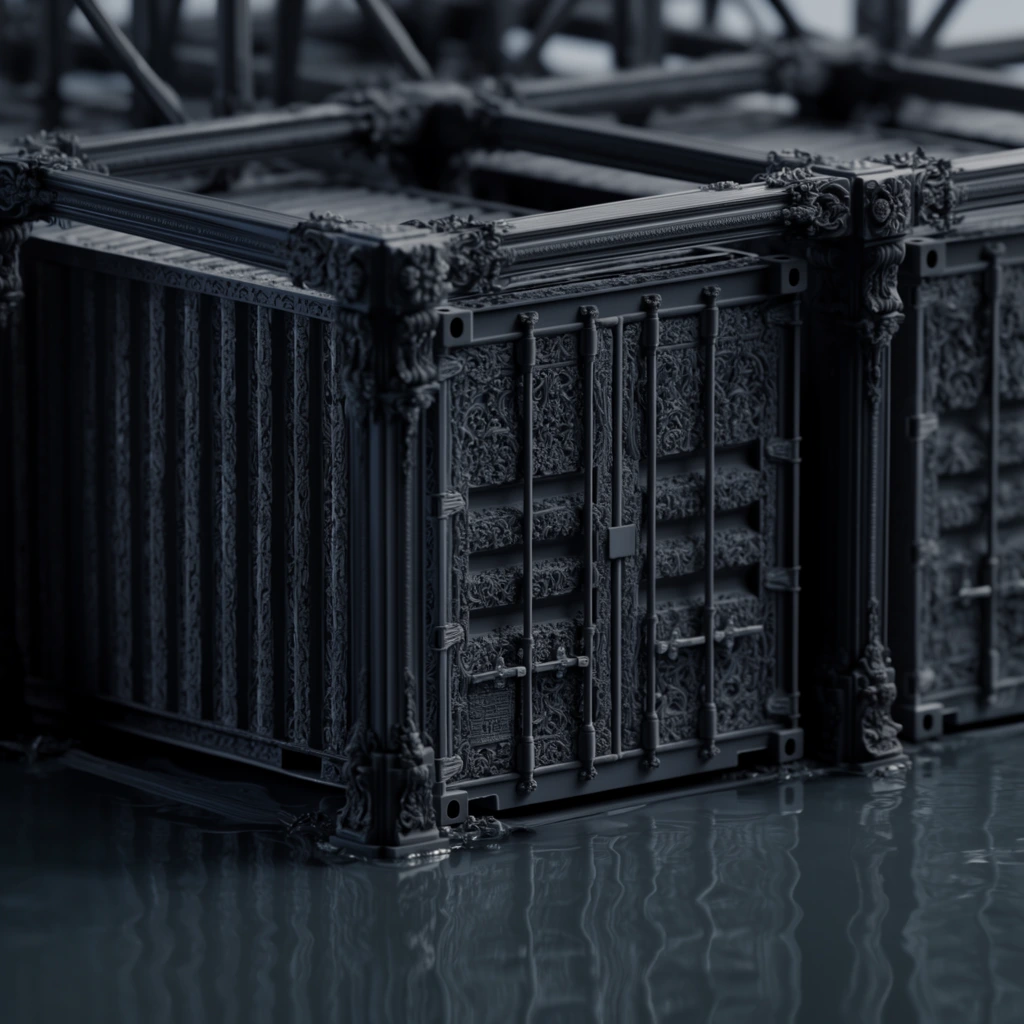 Highly detailed dark slate-grey shipping containers and an interlocking structural frame sculpted with dense, ornate baroque-style reliefs rest on a glassy, rippled liquid surface. The central shipping container's corrugated side walls are constructed from intricate, micro-detailed filigree and heavy gothic sculptural patterns. The surrounding structural beam frame features elaborate classical moldings, corbels, and densely carved junctions, interlocking tightly around the modular units. The entire dark structure emerges directly from a smooth, dark reflective pool, casting crisp mirrored reflections of the lower framework across the subtle surface ripples. The scene is rendered in deep monochromatic charcoal and cool obsidian bluish-grey tones, utilizing an extreme macro photography perspective. An aggressive shallow depth of field heavily blurs the background containers and distant support struts into soft, volumetric bokeh, keeping the central container face and frame in sharp, hyper-realistic focus. Moody, high-contrast directional studio lighting casts deep shadows within the recessed carvings and bright edge highlights along the matte, densely 3D-sculpted architectural surfaces.