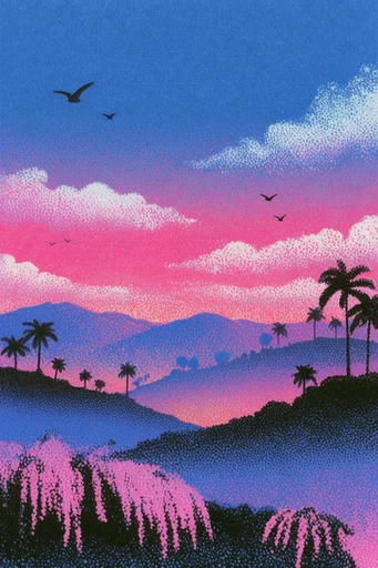 Neon Grain Surrealism style reference image — risograph print style