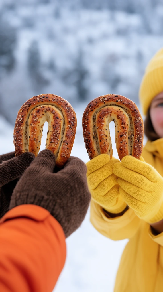 Gloved hands hold up two U-shaped, golden-brown seeded pastries against a softly blurred snowy landscape. The person on the left wears an orange jacket and brown knit gloves, contrasting with the right figure's yellow coat, beanie, and yellow gloves. A shallow depth of field focuses sharply on the textured baked goods.