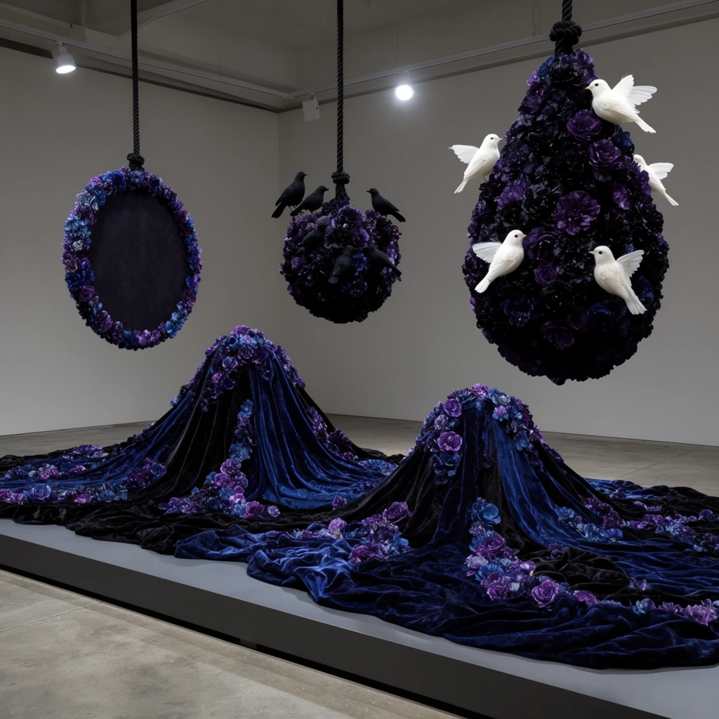 A sprawling textile installation rests on a low grey platform in a stark gallery space. Undulating folds of midnight blue and black velvet cascade across the base, heavily encrusted with clusters of purple and blue artificial flowers. Two conical mounds rise from this textured pool. Above, three dark forms hang from thick black ropes. A floral-edged disc hovers on the left, while a central sphere of dark blooms supports small black bird figures. On the right, a massive teardrop of dark purple flowers is striking against bright white artificial birds clinging to its surface. Focused gallery spotlighting accentuates the rich, heavy textures of the velvet and floral embellishments against the bare concrete floors and grey walls.