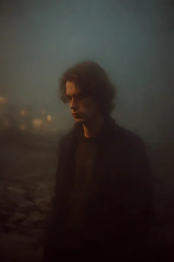Cinematic Liminal Melancholy style reference image — low-key lighting