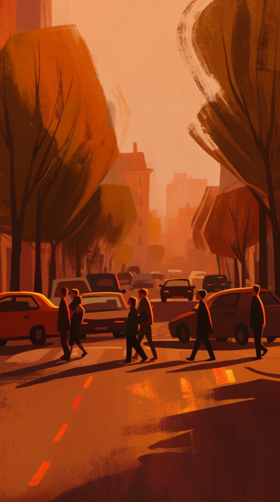 A stylized, painterly 2D digital illustration of a city street intersection bathed in intense, glowing amber light, rendered entirely in a monochromatic warm palette of burnt orange, rich ochre, terracotta, and deep chocolate brown. Pedestrians walk across the crosswalk, depicted as simplified, dark silhouettes with striking, warm rim lighting tracing their edges. Stylized cars idle at the intersection, their forms constructed from flat graphic planes of color, casting long, dramatic, dark brown shadows horizontally across the street. Tall trees line the sidewalks, represented by bold, sweeping digital brushstrokes, flat geometric canopies, and visible dry-brush scumbling. Background city buildings are reduced to simplified architectural silhouettes, dissolving into a soft, glowing peach and sepia atmospheric haze. The artistic execution evokes classic 2D animation concept art, characterized by a matte finish, layered depth, soft color gradients blending with distinct, textural smudges, and short, graphic dashes of vibrant light striking the textured road surface.