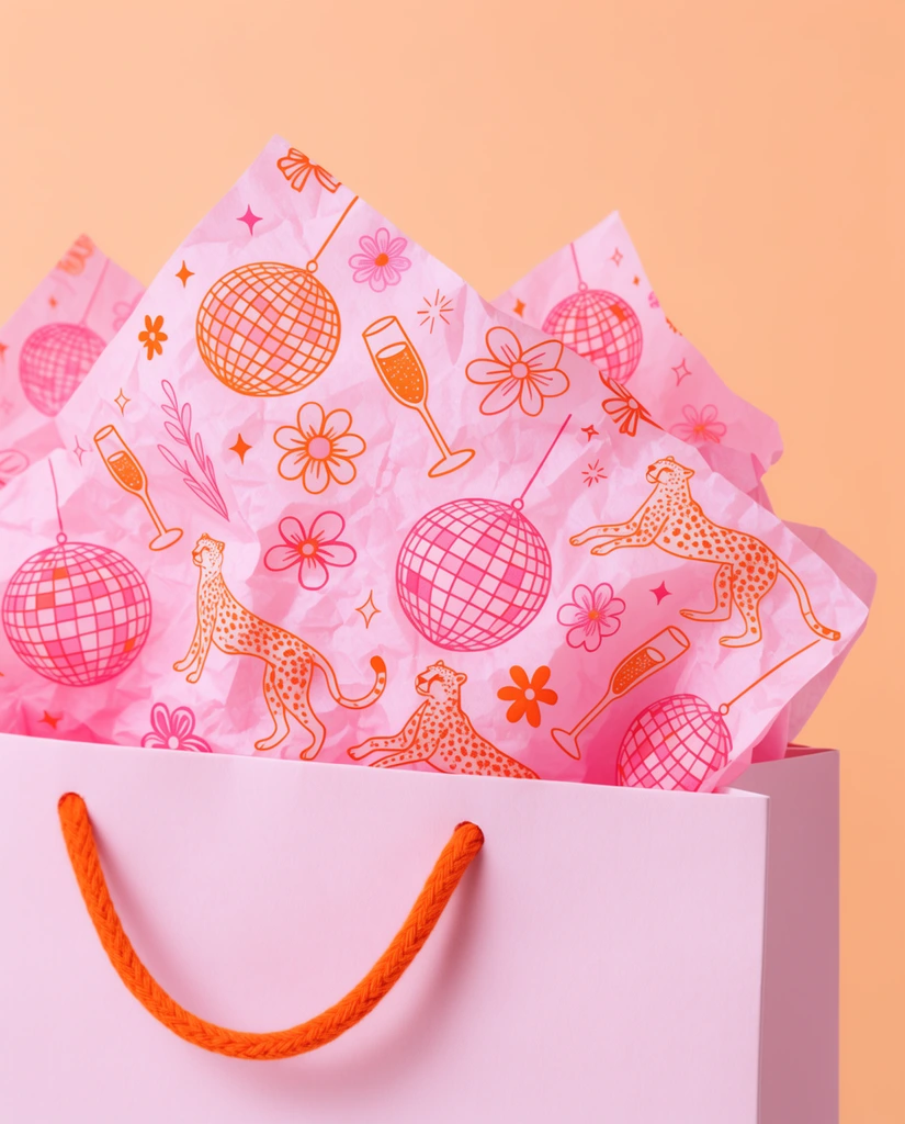 A light pink paper gift bag with a bright orange braided rope handle rests against a solid peach background. Crumpled pink tissue paper emerges from the top, decorated with intricate orange and magenta line-art of disco balls, champagne glasses, cheetahs, and flowers. Soft studio lighting highlights the crinkled textures and vibrant pastel colors.