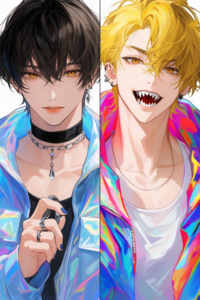 Split-screen portrait of two anime men, left figure with dark hair, amber eyes, iridescent blue jacket, black choker, holding silver ring, right figure with messy blonde hair, sharp teeth, neon-lined jacket, white tank top, ear piercings, vibrant digital illustration, white background