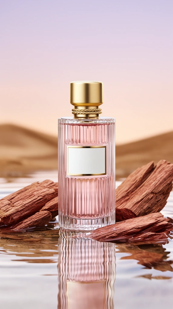 A cylindrical ribbed glass perfume bottle filled with pale pink liquid stands in shallow rippling water, surrounded by textured pieces of reddish-brown wood. The elegant fluted flacon features a smooth gold cap accented by a twisted wire ring and a pristine white rectangular label with a thin gold border. The bottle and rough striated bark fragments rest on the clear liquid surface, casting precise, distorted reflections of the fluted glass and wood. Behind the arrangement, a softly blurred gradient sky transitions from pale lavender to warm peach over out-of-focus rolling desert dunes. The composition utilizes high-end commercial macro photography techniques, featuring soft diffused natural lighting, a shallow depth of field, and a tranquil warm color palette that harmonizes organic earth textures with sleek geometric glass.