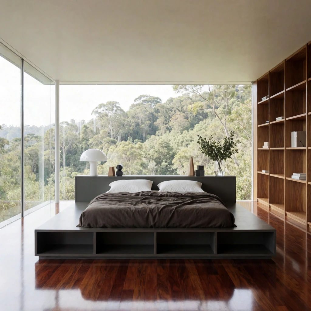 A dark grey platform bed anchors a modern minimalist bedroom enclosed by floor-to-ceiling glass windows overlooking a lush, forested hillside. The wide bed frame features open base cubbies, a rumpled dark brown duvet, and crisp white pillows. A low headboard shelf holds a white mushroom-shaped lamp, geometric sculptures, and a glass vase with leafy branches. Tall, warm-toned wooden shelving lines the right wall, contrasting with highly polished, reflective mahogany hardwood floors. Shot in hyper-realistic architectural photography, the straight-on, one-point perspective emphasizes the room's serene symmetry and bright, diffuse natural daylight.