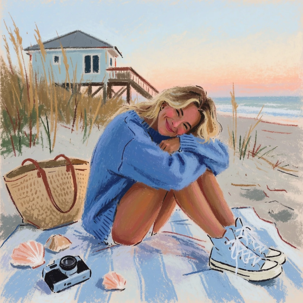 A soft pastel digital illustration of a smiling blonde woman resting her head on her drawn-up knees atop a striped beach blanket, wearing an oversized blue sweater and light blue high-top sneakers. A woven tote, scattered seashells, and a vintage camera sit nearby. The background reveals tall dry dune grass, a pale blue stilted coastal house, and a serene ocean under a peach and blue sunset sky, all rendered with loose, expressive brushstrokes.