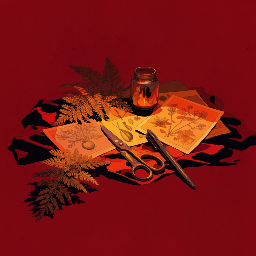 Several botanical prints, two ferns, a pair of scissors, a glass jar, and a pen rest on draped fabric, rendered in a striking 2D graphic illustration style dominated by a flat, deep crimson background. The still life is illuminated by a highly localized, dramatic light source casting vibrant warm orange and golden-yellow highlights across the objects. Sharp, solid black cell-shaded shadows pool heavily across the fabric and beneath the items in jagged, ink-like masses. Delicate, precise line art outlines the intricate leaves of the ferns, the metallic blades of the scissors, the reflective curves of the jar, the structured pen, and the detailed botanical illustrations on the prints. Vast negative space in the subtly textured blood-red background surrounds the central composition, emphasizing a stark, high-contrast chiaroscuro effect. The visual treatment uses flat, solid color blocking with abrupt, crisp transitions between the glowing warm midtones and the absolute black recesses, creating an intense, moody, and highly stylized aesthetic.
