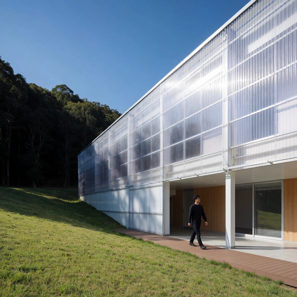 A modern rectangular building clad in corrugated translucent panels stands on a bright grassy slope beside a dense dark-green forest under a clear blue sky. A man in dark clothing walks along a wooden deck bordering the structure. The building features a recessed lower level revealing white columns, wood-paneled walls, and large sliding glass doors. Crisp sunlight casts sharp, geometric shadows across the semi-transparent facade. The architectural photograph utilizes a wide-angle perspective and high-contrast lighting to capture the clean structural lines against the rolling landscape.