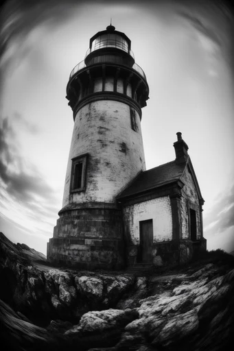 Monochrome Fisheye Monumentalism style reference image — circular vignette