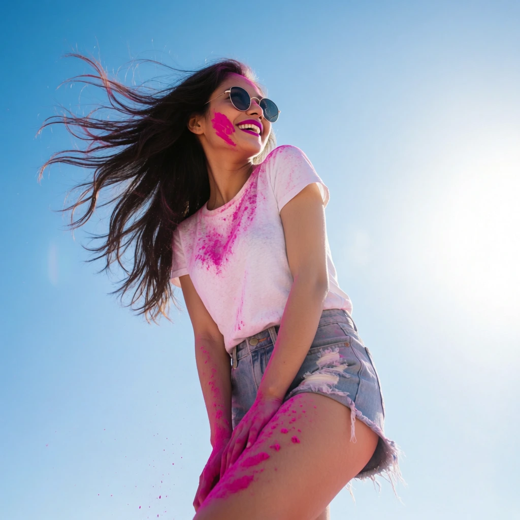 low angle shot of a joyful young woman looking away, long dark hair blowing in wind, round wire-rimmed sunglasses, white t-shirt, distressed denim shorts, bright pink colored powder smeared on cheek and hands, pink powder splattered on bare leg, radiant smile with magenta lipstick, clear vibrant blue sky, intense sun glare on the right, bright sunlight, energetic atmosphere