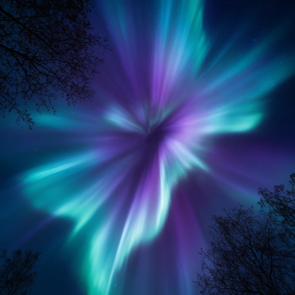 Vibrant aurora borealis radiating from a central zenith, swirling luminous bands of vivid teal and deep purple, dark blue night sky dotted with tiny stars, dark silhouetted tree branches framing the corners, astrophotography looking straight up, long exposure corona effect, glowing celestial atmosphere