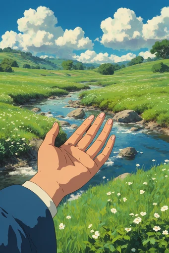 Nostalgic Ghibli Pastoral style reference image — lush green hills