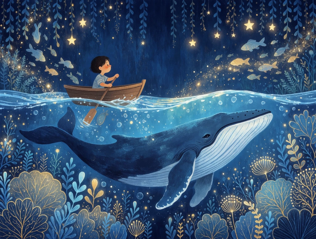 A split-level whimsical illustration divided by a shimmering water line. Above, a child rows a wooden boat through a midnight blue sky filled with hanging vines, floating golden stars, and airborne fish. Below, a massive blue baleen whale glides through deep waters surrounded by an intricate, glowing forest of stylized gold and blue aquatic plants. The 2D storybook art style features a rich deep blue palette with luminous warm yellow accents, blending the upper and lower realms with magical glowing particles in a dreamlike composition.