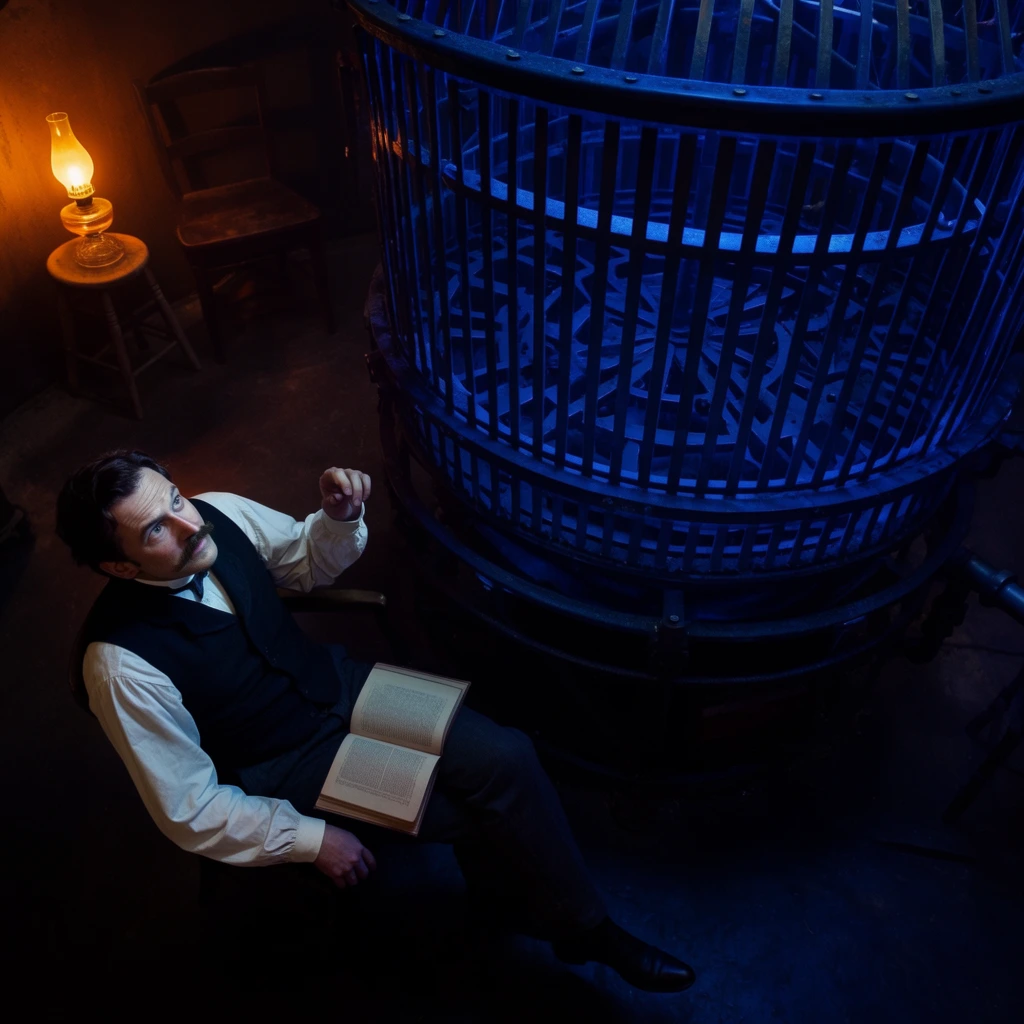 A man in 19th-century attire sits in a dimly lit room gazing up at a massive cylindrical metal cage bathed in deep blue light. The mustachioed man wears a crisp white shirt, a dark vest, and dark trousers, sitting reclined in a chair with an open book resting on his lap and his right hand raised slightly. His face is illuminated by the ethereal blue glow emanating from the central colossal, slatted metal structure that dominates the workspace, casting geometric shadows. The high-angle perspective looks down upon the scene, capturing the dramatic cinematic lighting. In the shadowy background, a stark contrast is created by a warm orange glow radiating from a glass oil lamp resting on a small wooden stool beside an empty wooden chair. The atmosphere is heavily shadowed, emphasizing the solitary figure and the towering industrial machinery against the dark floors and walls.