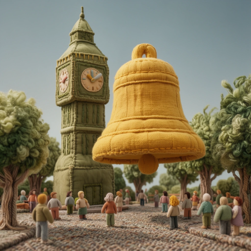 A colossal bell crafted entirely from tightly woven mustard-yellow fabric floats in mid-air before a towering, stitched olive-green textile clock tower in a plush, handcrafted plaza environment. The scene is situated in a wide public square where the ground resembles a heavily textured, brownish-grey woven rug, populated by small, simplified plush figures of people and bordered by trees made of fluffy, tufted green yarn and raw fiber. The tall clock tower stands as a soft sculpture with visible seams, featuring a clock face with embroidered details and soft, padded hands. The entire environment, including the smooth, dusty-blue sky, mimics a meticulously detailed, tactile fabric diorama. Soft, diffused natural daylight casts gentle shadows that highly pronounce the intricate fabric weaves, puckered seams, and padded, quilted surfaces of every element. Photorealistic rendering captures the hyper-detailed textile materials, establishing a tactile stop-motion animation aesthetic with a slight depth of field gently blurring the upper reaches of the background trees and sky.