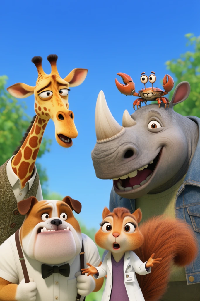 A vibrant 3D animated group of five anthropomorphic animals stands against a clear blue sky. A tall skeptical giraffe in a tweed vest stands beside an eager bulldog in suspenders. A surprised squirrel in a lab coat gestures in the center. A massive smiling rhinoceros wearing a denim jacket carries a tiny mechanical crab on its shoulder. Blurred green foliage frames the bright CGI comedy scene.