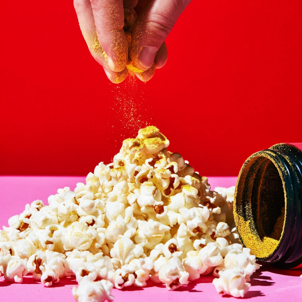 A dynamic studio macro shot capturing a hand dusted with golden-yellow powder sprinkling fine spice over a towering mound of crisp white popcorn. The falling powder freezes mid-air in a delicate cascade hitting the peak of the pile. Beside the popcorn sits an open dark cylindrical jar, its rim heavily coated in the bright yellow seasoning. The arrangement rests on a bright pink flat surface against a vibrant crimson backdrop. High-contrast hard flash photography casts sharp, deep shadows to the lower left, emphasizing the craggy textures of the popcorn kernels and the hyper-saturated pop-art color palette.