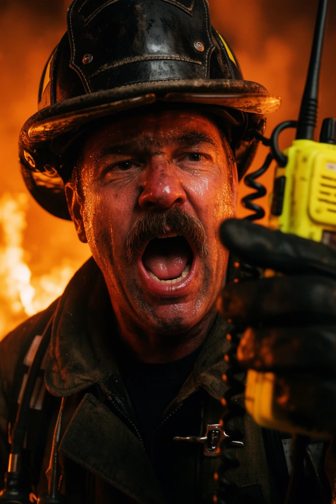 A close-up cinematic shot captures a soot-covered firefighter yelling intensely amidst a raging fire. The middle-aged man has a prominent mustache, his mouth wide open in a shout, and his face glistening with thick sweat and dark ash. He wears a battered black leather firefighter helmet and a dark turnout coat. In the extreme right foreground, a heavily blurred black-gloved hand points outward near a bright yellow radio unit with a coiled black cord. The out-of-focus background is engulfed in glowing orange flames and thick smoke. Intense amber firelight casts dramatic, high-contrast highlights across the man's wet skin and textured gear, captured with a shallow depth of field.