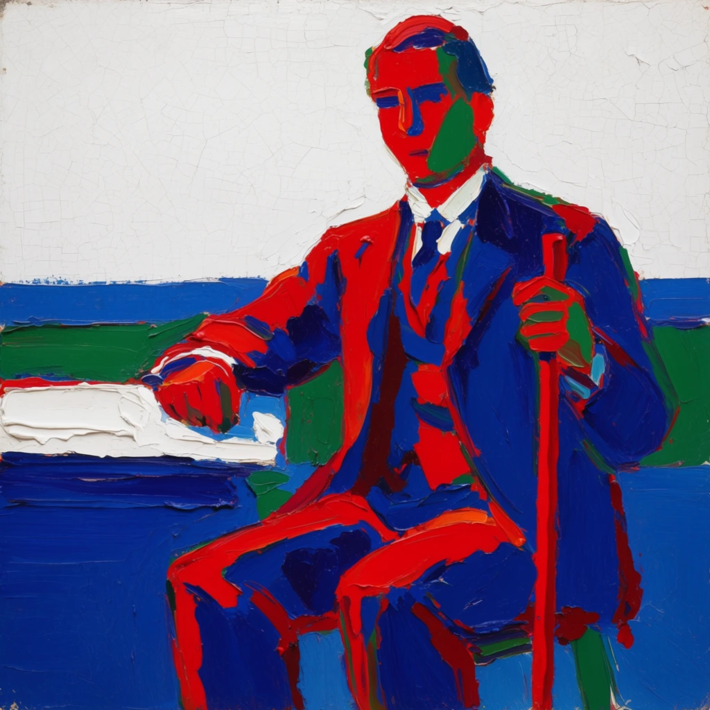 A seated man in a formal suit holding a walking stick, with his right arm resting horizontally on a flat surface, rendered in a striking Fauvist oil painting style with heavy, sculptural impasto brushstrokes. The stylized figure of the man is constructed from thick, expressive daubs of vibrant cadmium red, deep ultramarine blue, and distinct touches of emerald green. His formal suit is formed by bold, flat planes of dark blue intersected by vivid red outlines and brightly colored highlights. The walking stick stands as a rigid, brilliant red vertical line firmly grasped in his hand. The surface supporting his resting right arm is painted in thick, textured slabs of stark white and deep blue. The background is composed of flat, horizontal bands of saturated blue and green across the lower section, transitioning into a vast expanse of bright white at the top. A delicate, visible network of craquelure covers the thick white paint across the canvas. The overall composition utilizes intense color blocking and raw, highly visible paint textures to define the shapes, resulting in a vibrant, two-dimensional graphic aesthetic.
