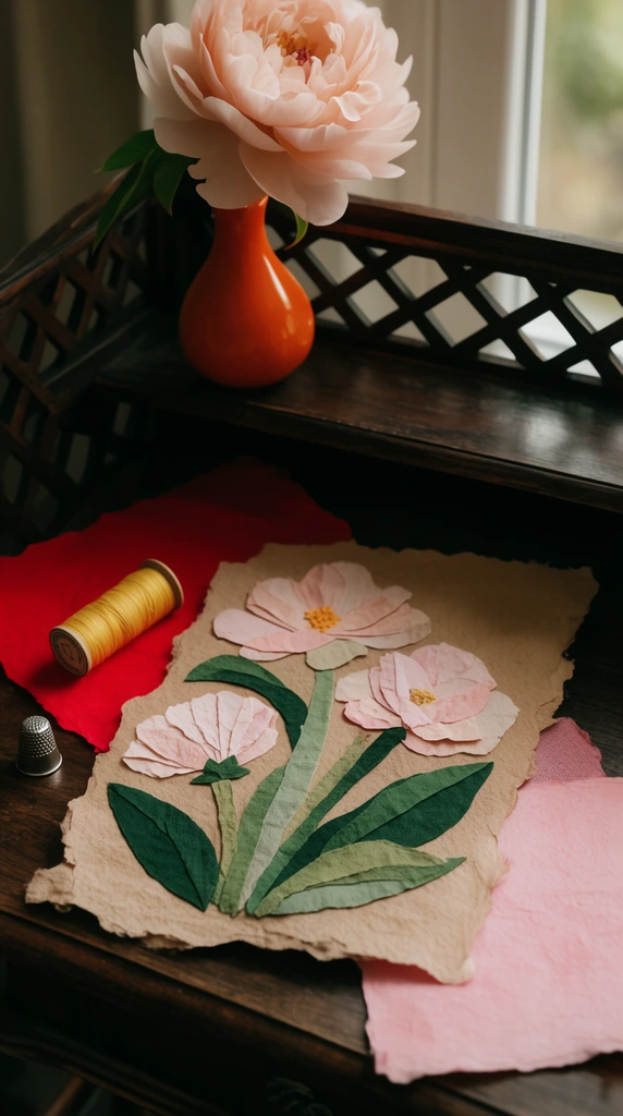 A handcrafted paper and fabric applique still life rests on a dark wooden lattice desk bathed in soft window light. A central tan paper with deckled edges features three stylized pale pink flowers and bold green leaves. Surrounding the main piece are vibrant red and pastel pink papers, a yellow thread spool, and a silver thimble. An orange bud vase holding a lush blush blossom sits on an upper shelf. The warm, shallow depth of field photography emphasizes tactile textures against deep, moody shadows.