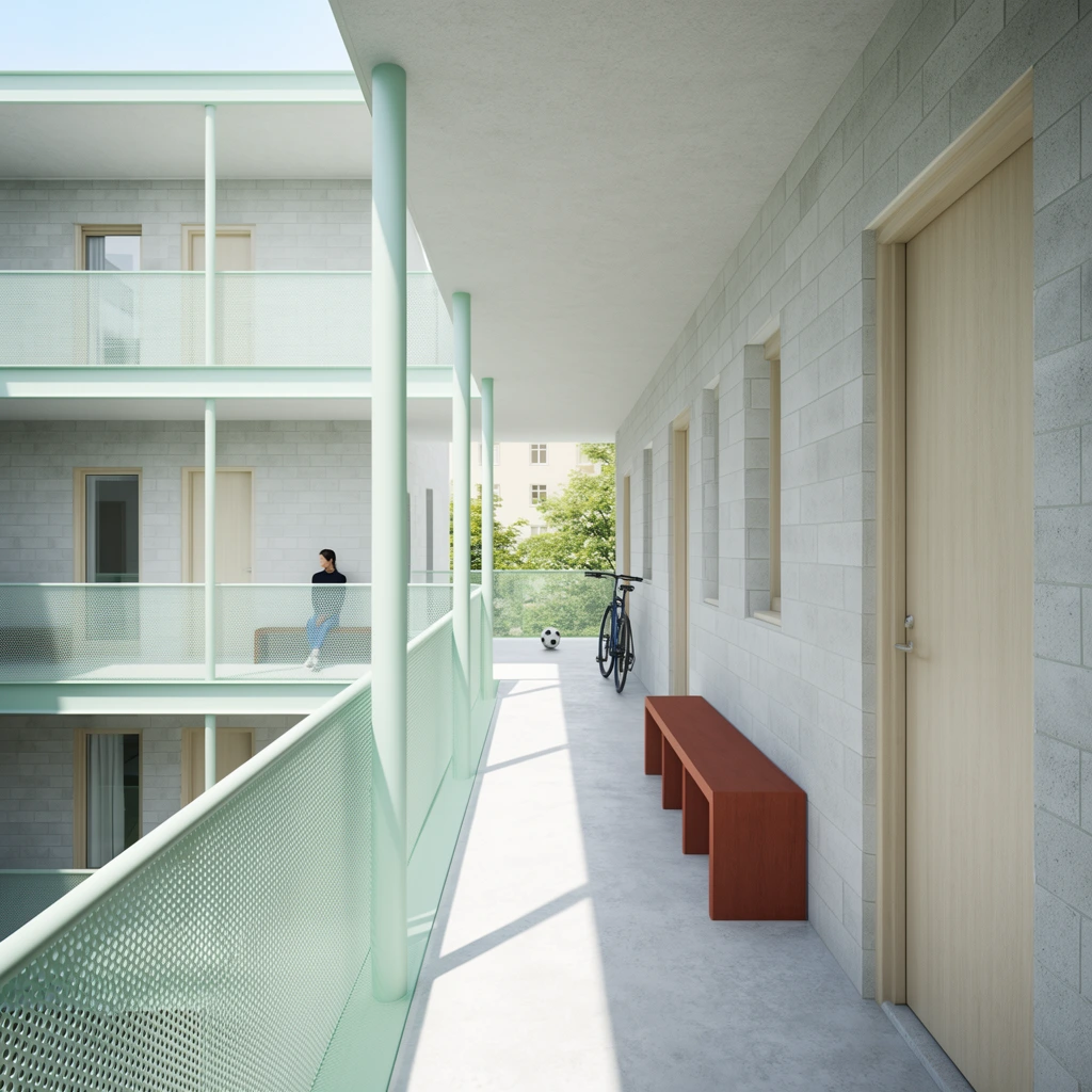 A bright open-air corridor in a minimalist residential building bathed in crisp sunlight. The space features light grey concrete block walls, smooth concrete flooring, and pale mint green cylindrical columns with matching perforated metal mesh railings. The elevated walkway overlooks a multi-story atrium where a person in a dark top and blue jeans sits on a bench. Along the right wall, light wood doors are joined by a russet wooden bench. At the far end of the breezeway, a dark bicycle leans against the wall near a black and white soccer ball, opening to a view of green trees and a pale building. The photorealistic architectural rendering uses an orthogonal perspective down the hallway, emphasizing clean geometric lines, a tranquil pastel color palette, and sharp shadows.