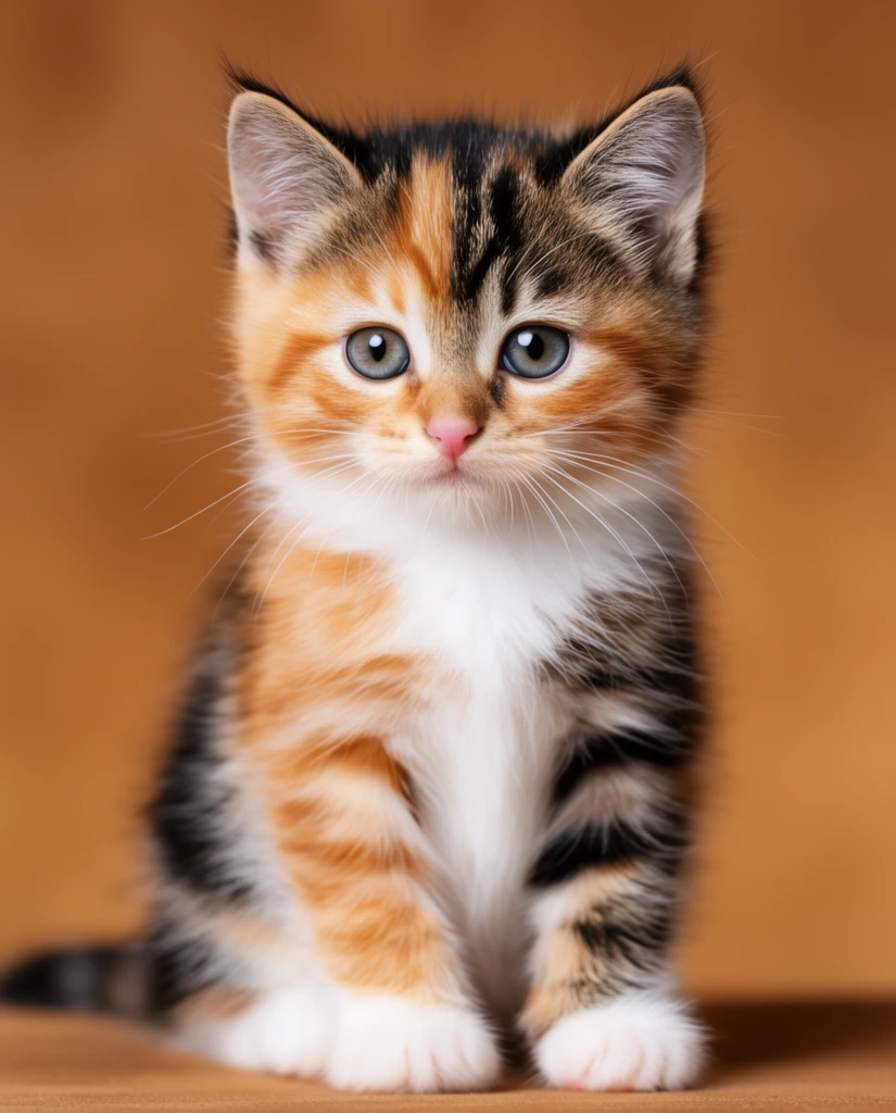 fluffy calico tabby kitten sitting upright, vibrant orange black and white fur, pristine white chest and paws, striped forehead, large grayish-blue eyes, pink nose, long delicate whiskers, sharp focus on face, warm caramel blurred background, studio portrait lighting, shallow depth of field