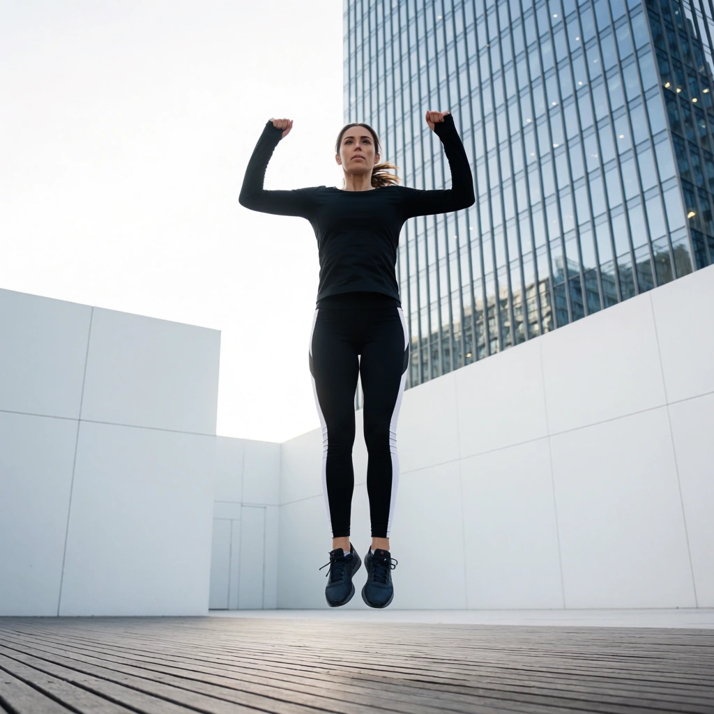 An athletic woman suspended mid-air during a vertical jump in a modern urban plaza. Facing forward with a focused expression, her arms are raised with clenched fists. She wears a solid black athletic top, black leggings with white side panels, and dark trainers. Captured from a low angle, she hovers above a slatted wooden deck. The minimalist background features stark white geometric walls and a towering skyscraper with a grid of reflective glass windows under a bright, diffuse sky.