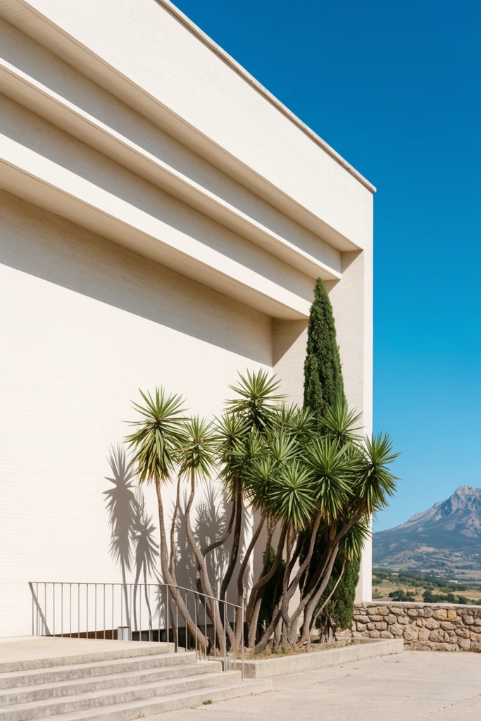 A stark, minimalist off-white brick building featuring prominent horizontal overhangs and deep shadow bands stands against a vibrant, cloudless azure sky. Nestled at the base of the bright facade, beside wide concrete steps and a simple metal railing, is a tight cluster of yucca trees with slender curving trunks and spiky green fronds. A single tall, dark green cypress tree rises vertically behind them. Intense direct sunlight casts crisp shadows of the spiky foliage onto the flat wall. To the right, a low rustic stone wall overlooks a sun-drenched valley leading toward a rugged mountain peak in the distance. Crisp architectural photography emphasizes high-contrast geometric lines and vivid natural hues.