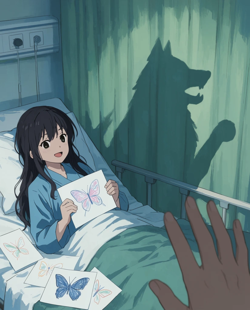 An anime girl with dark hair smiles in a hospital bed holding butterfly drawings. A foreground hand casts a large animal shadow puppet onto green curtains. Muted cool-toned 2D animation style.