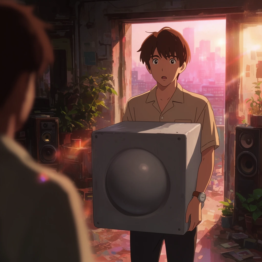 Anime-style over-the-shoulder shot of a brown-haired young man carrying a large grey cubic object with a front-facing embossed sphere. Wearing a beige short-sleeve shirt and wristwatch, he wears a surprised expression, looking at an out-of-focus figure in the left foreground. They are inside a cluttered, atmospheric room with potted plants and speakers. Warm, cinematic sunset light pours through a right-side open doorway, casting heavy rim lighting and lens flares across the dusty interior while revealing a hazy, pink-hued cityscape.