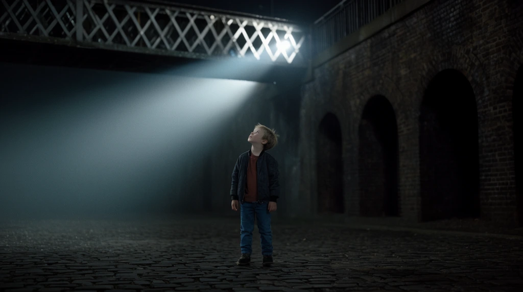young boy standing alone on dark cobblestone looking up, intense volumetric beam of light shining down from an overhead bridge with metal lattice, dark brick wall with deep archways, thick atmospheric mist, night scene, wearing a jacket and jeans, cinematic lighting