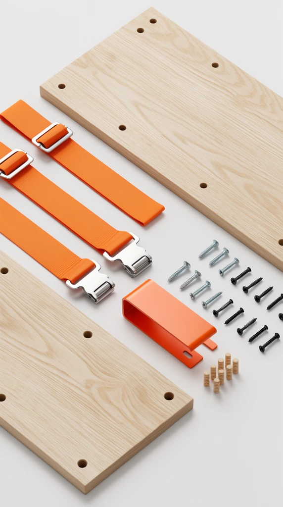 isometric knolling layout of disassembled furniture components, three light wood panels with natural grain and pre-drilled holes, two vibrant orange nylon straps with silver metal cam buckles, bright orange U-shaped metal bracket, small cluster of ribbed wooden dowels, neat rows of silver and black screws, seamless off-white background, minimalist industrial design aesthetic, even studio lighting, soft flat drop shadows, high contrast between natural wood and bright orange, photorealistic textures, crisp focus