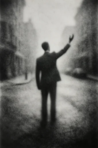 Ethereal Monochrome Noir style reference image — heavy film grain