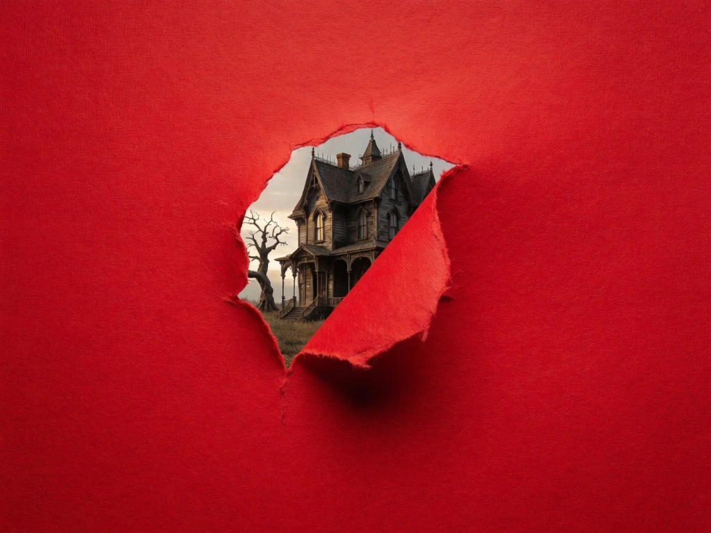 minimalist conceptual photography, a solid vibrant red textured paper background, a centered jagged circular tear with a folded triangular flap, peeking through the opening is a detailed victorian farmhouse and a solitary gnarled leafless tree, gothic architecture with weathered siding, muted overcast natural lighting, sharp focus on the scene through the hole, high contrast, tactile fabric texture, clean centered composition, moody and mysterious atmosphere.