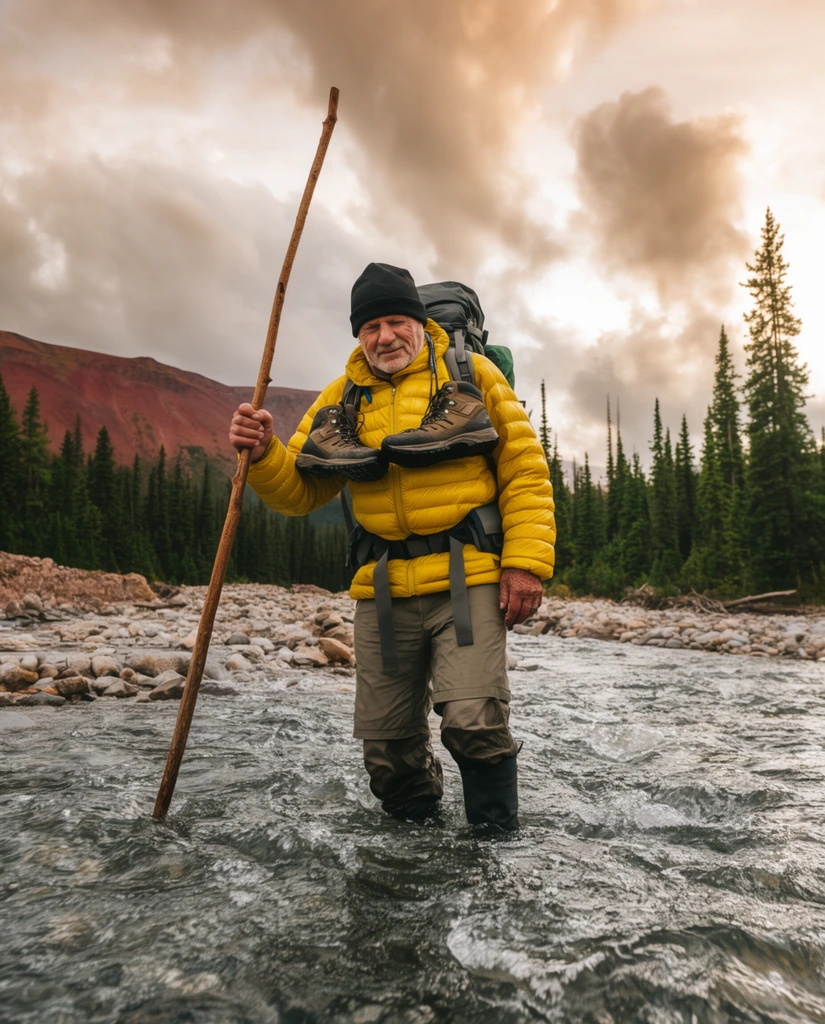 older male hiker wading knee-deep in a flowing rocky river, bright yellow puffer jacket, black beanie, large backpack, hiking boots slung around neck, grasping a tall wooden staff, evergreen forest and reddish-brown mountain in background, dramatic cloudy sky, warm diffused sunlight, low angle wide shot, adventure photography