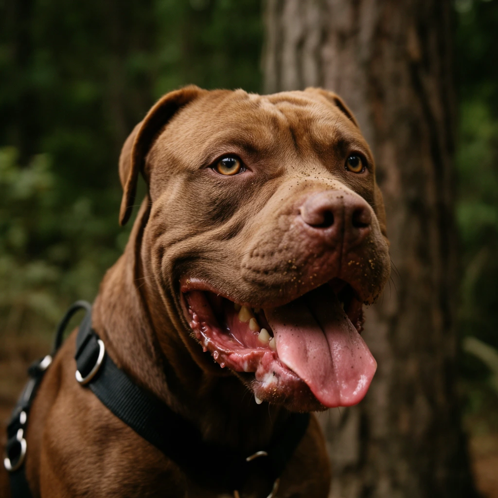 A close-up photograph captures a muscular brown dog panting in a forest. The short-haired canine holds its mouth open with a pink tongue lolling out, revealing teeth and glistening saliva. Tiny dirt specks cling to the dog's snout below attentive amber eyes. A black nylon harness with silver metal rings wraps around its chest. The softly blurred background features a thick tree trunk on the right and dark green foliage. A shallow depth of field creates smooth bokeh, isolating the dog's heavily textured face under soft natural lighting that accentuates the earthy color palette.