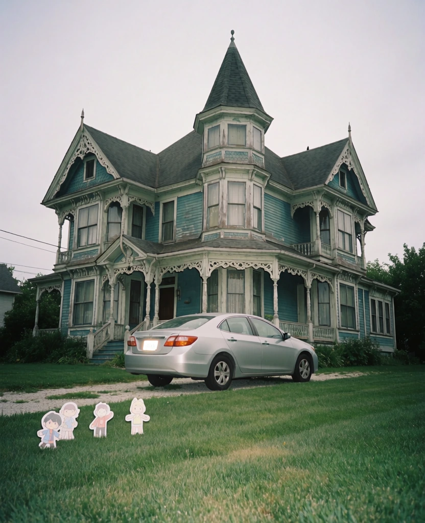low-angle candid snapshot, ornate victorian house with a pointed turret and gingerbread trim, weathered teal and off-white paint, modern silver sedan parked in a gravel driveway, direct flat daylight lighting mirroring a camera flash, amateur digital photography aesthetic, slightly desaturated color palette, center-weighted composition, foreground featuring a few small paper character cutouts on a manicured lawn, grey overcast sky, nostalgic and cozy domestic atmosphere.