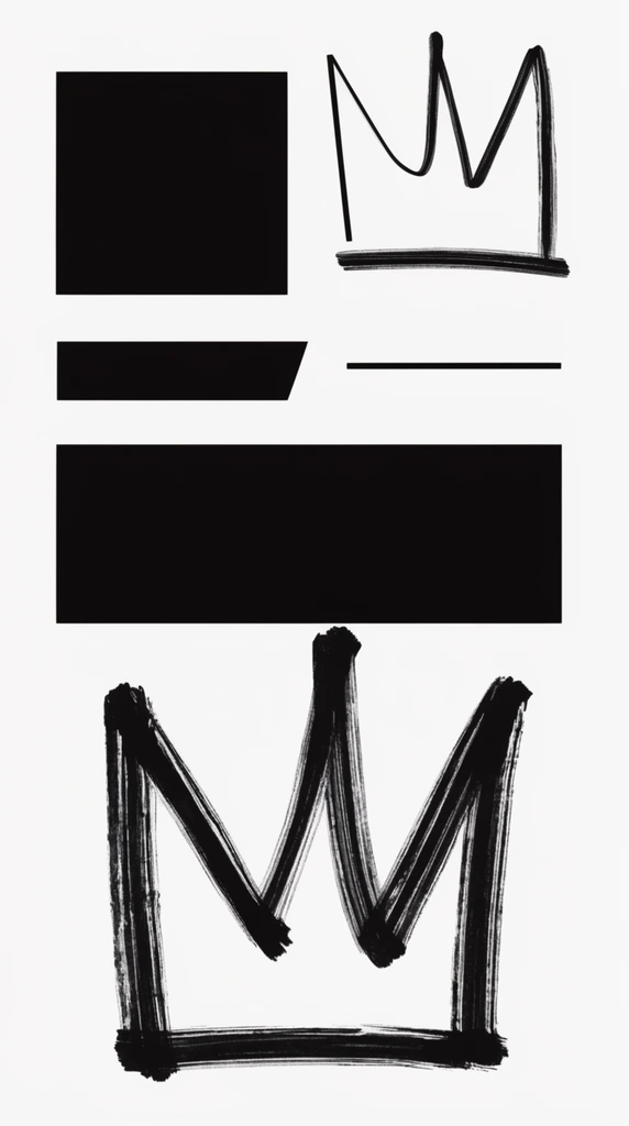 minimalist graphic design composition, stark black abstract geometric shapes on a solid white background, varying scale and weight of bold blocks and thin linear forms, stylized hand-drawn three-pointed crown, expressive textured brushstrokes, high contrast monochromatic palette, modern urban aesthetic, flat two-dimensional layout