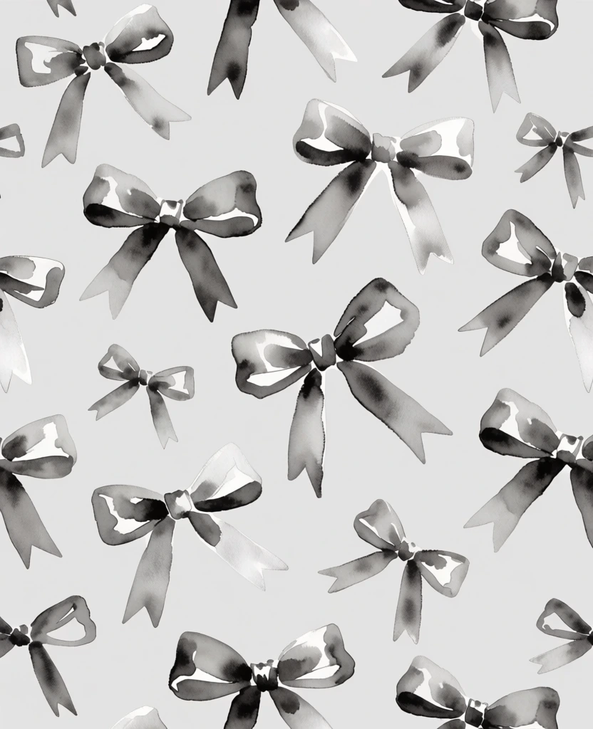 A monochromatic watercolor pattern features various ribbon bows scattered across a light gray backdrop. Numerous bows of varying sizes and orientations fill the frame, rendered in a range of grayscale tones from pale silver to deep charcoal. Each bow is composed of two loops and two trailing ribbon tails tied at a central, darker knot, with some ribbons showing jagged, swallowtail ends. The watercolor technique is visible through the translucent, overlapping layers of wash, where pigment has pooled to create darker edges and fluid gradients within the folds of the fabric. The arrangement is a toss-style composition where some bows are fully visible while others are partially cropped by the edges of the image, creating a sense of a continuous pattern. The background is a flat, uniform light gray that provides a neutral contrast to the darker, textured subjects. The overall artistic style is illustrative and two-dimensional, with no cast shadows or perspective depth, emphasizing the fluid brushwork and the varying opacity of the ink-like medium.