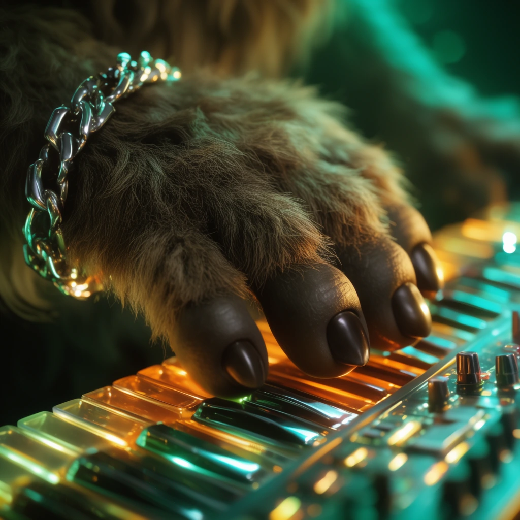 massive furry beast hand, silver chain wristband, playing glowing synthesizer keys, extreme close-up, glossy reflection, neon emerald and amber lighting, shallow depth of field