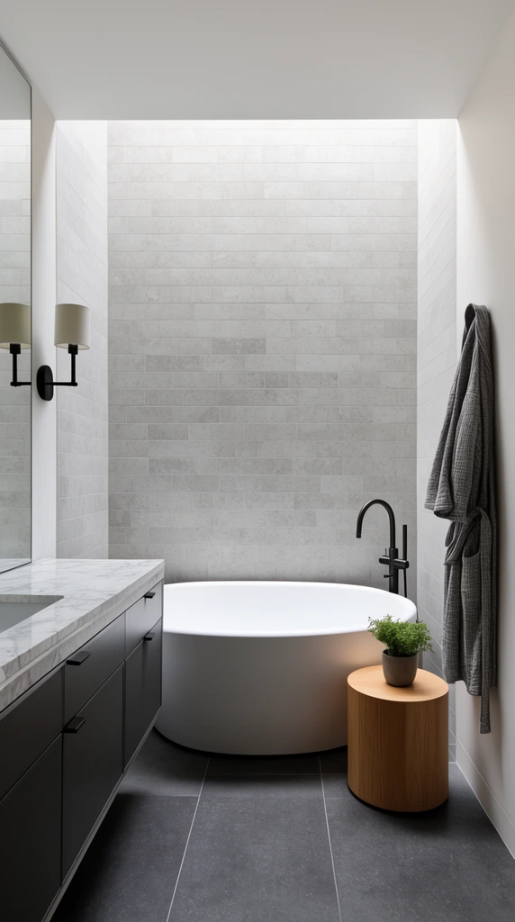 Photorealistic architectural photography of a minimalist bathroom featuring a curved white freestanding soaking tub set against light grey rectangular wall tiles. A matte black floor-mounted faucet and a cylindrical wooden side table holding a small potted plant stand beside the bath. To the left, a dark grey vanity with a marble countertop sits below a frameless mirror reflecting black sconces. A textured grey robe hangs on a smooth white wall to the right. Soft diffused daylight cascades from above onto dark grey floor tiles.
