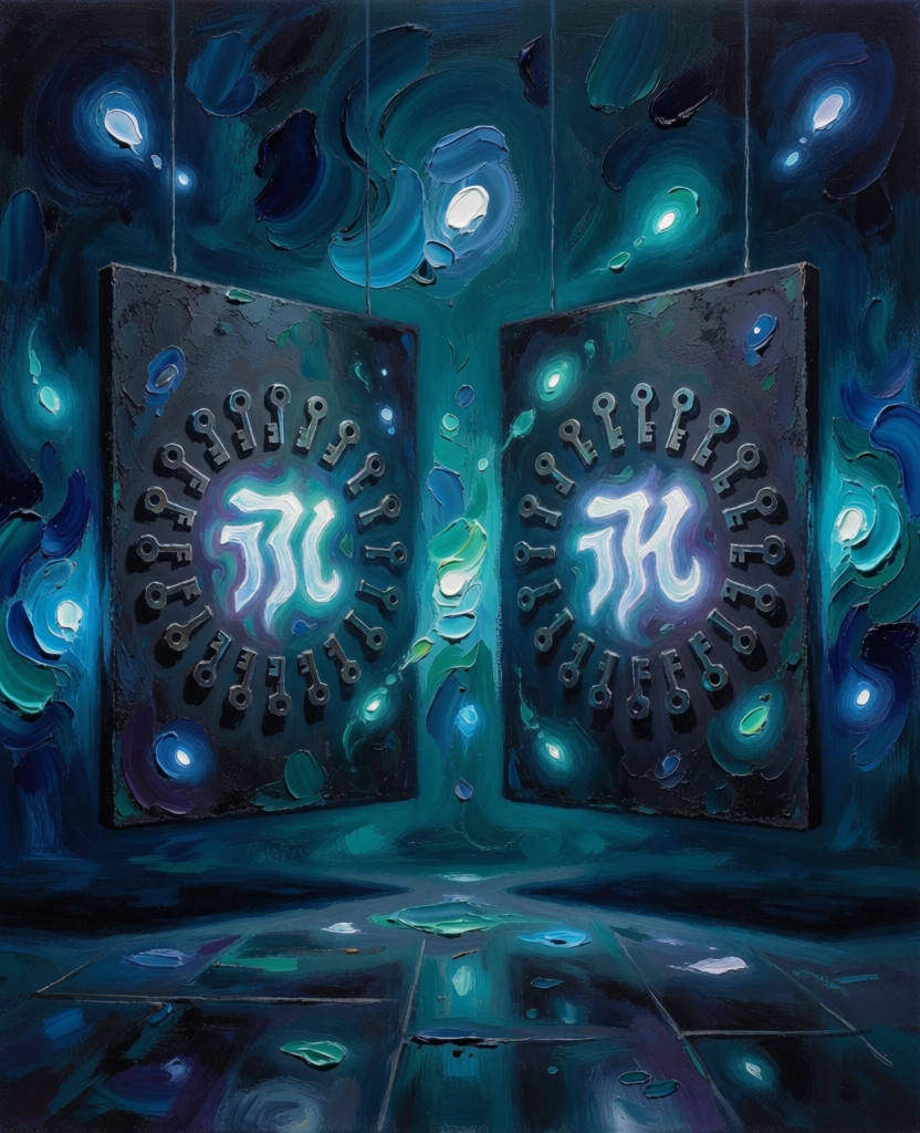 painterly oil on canvas aesthetic, two textured boards suspended over a dark floor, each featuring multiple keys in a radial circle pointing toward glowing central typography, deep teal and indigo palette, thick impasto brushwork, vibrant dabs of glowing cyan and white light, impressionistic stippling, ethereal bioluminescent atmosphere, deep shadows, chiaroscuro lighting, swirling cosmic textures, fluid paint application, dreamlike surreal mood