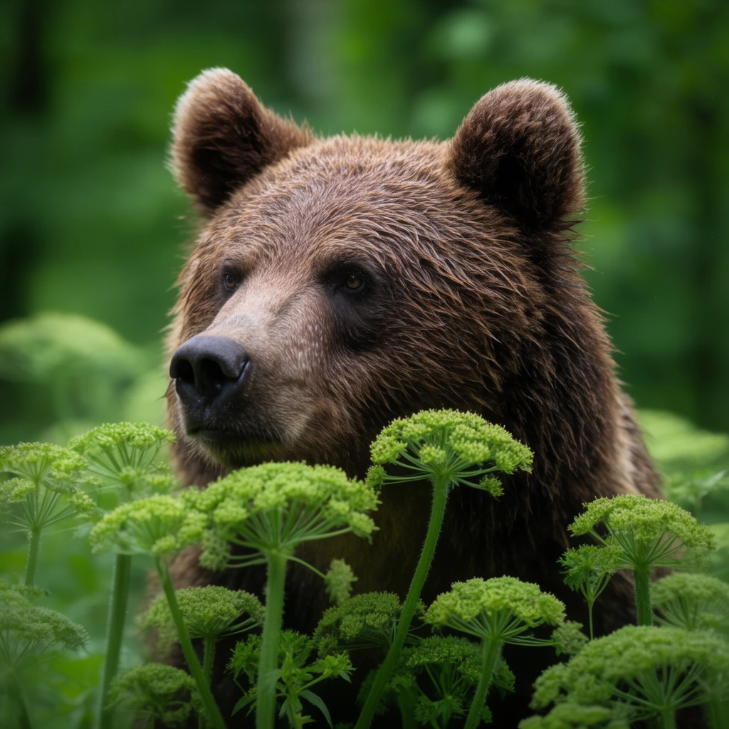 A brown bear looks left, its textured wet fur partially hidden by tall green umbellifer plants. Soft natural lighting highlights its face against a deeply blurred, lush green forest background.