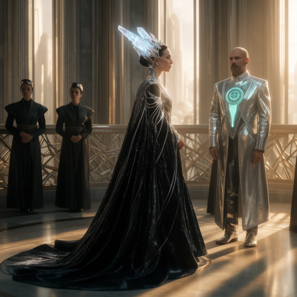 A futuristic ceremonial gathering in a grand, sunlit hall. A woman stands in profile wearing a voluminous obsidian gown with silver accents and a glowing crystalline headpiece. Beside her stands a man in a sleek silver uniform with bioluminescent teal insignia. Attendants in dark, structured garb wait near a complex geometric railing. Warm volumetric light pours through towering windows, casting dramatic shadows on the polished floor and highlighting the reflective metallic textures of the attire. Cinematic wide-angle framing captures the solemn, neoclassical sci-fi atmosphere.