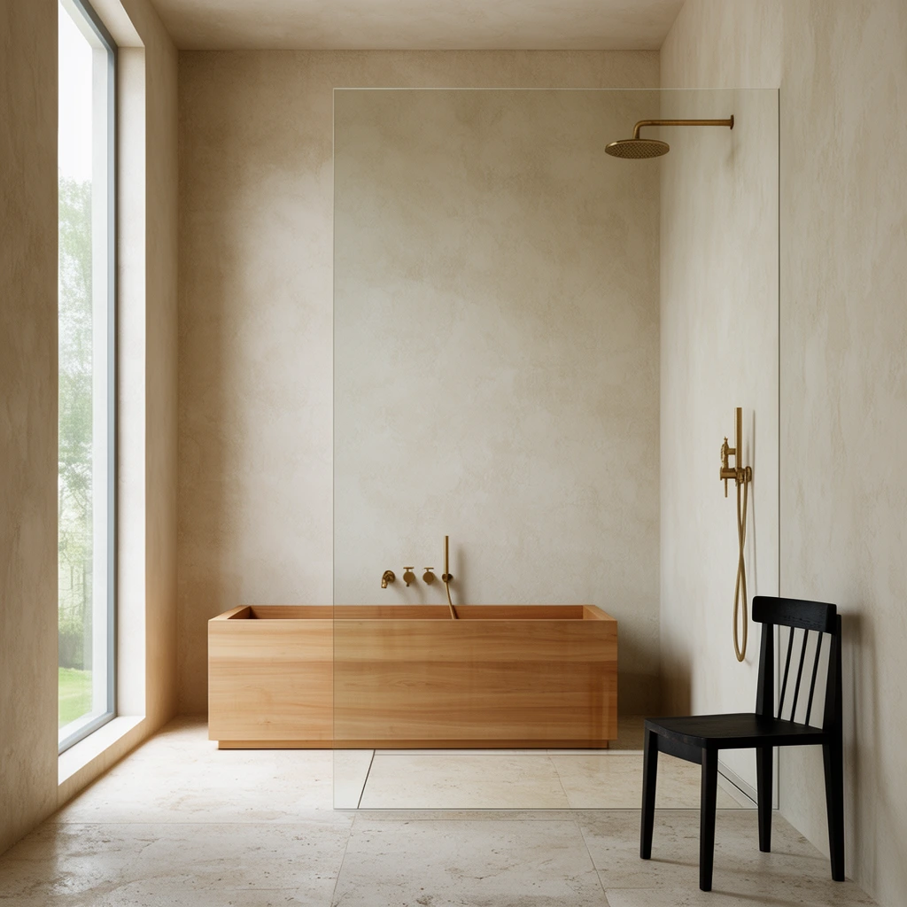 minimalist bathroom, rectangular wooden bathtub, clear glass partition, brass shower fixtures, textured beige walls, light stone floor, black wooden chair, large window