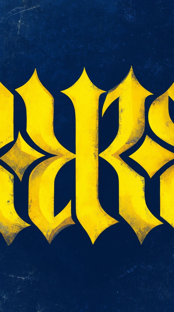 A horizontal arrangement of ornate, sharply angled vibrant yellow shapes spanning a deep navy blue background. The prominent interlocking figures feature thick vertical pillars, sweeping ornamental curves, and pointed diamond-like extremities. A distressed grunge texture permeates the scene, adding weathered edges, subtle scratches, and a speckled grain to both the luminous yellow forms and the dark, textured backdrop.